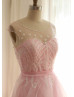 Pink See Through Beads Neckline Organza Long Wedding Dress